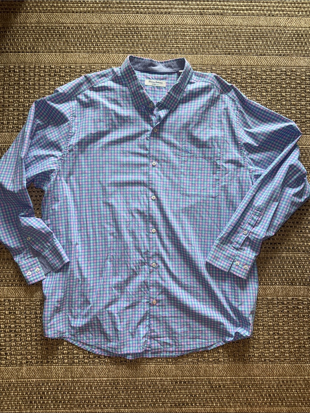 Men's Tommy Bahama Island Zone Blue and Green Check Long-Sleeve Button-Up Shirt